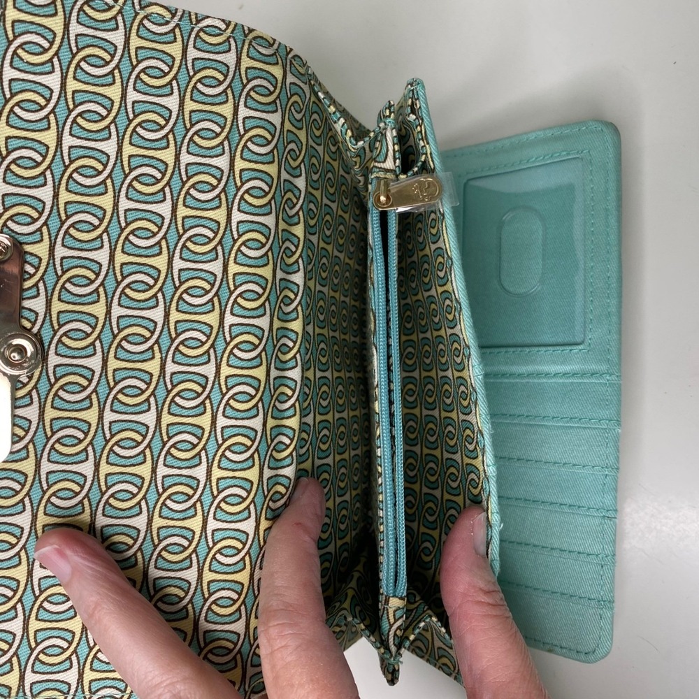 Spartina 449 Seafoam PU & Straw Bamboo Turnlock Tri-Fold Wallet Coastal Chic - Picture 4 of 12